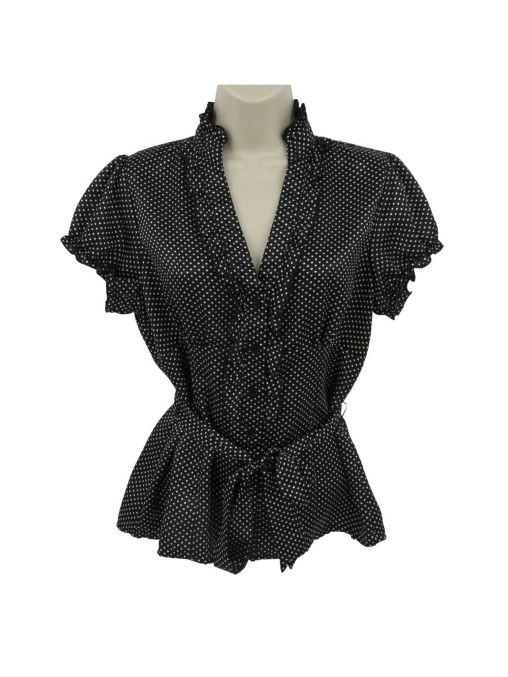 B Wear Women Extra Large XL Black White Polka Dot Ruffle Blouse Shirt Tie Waist